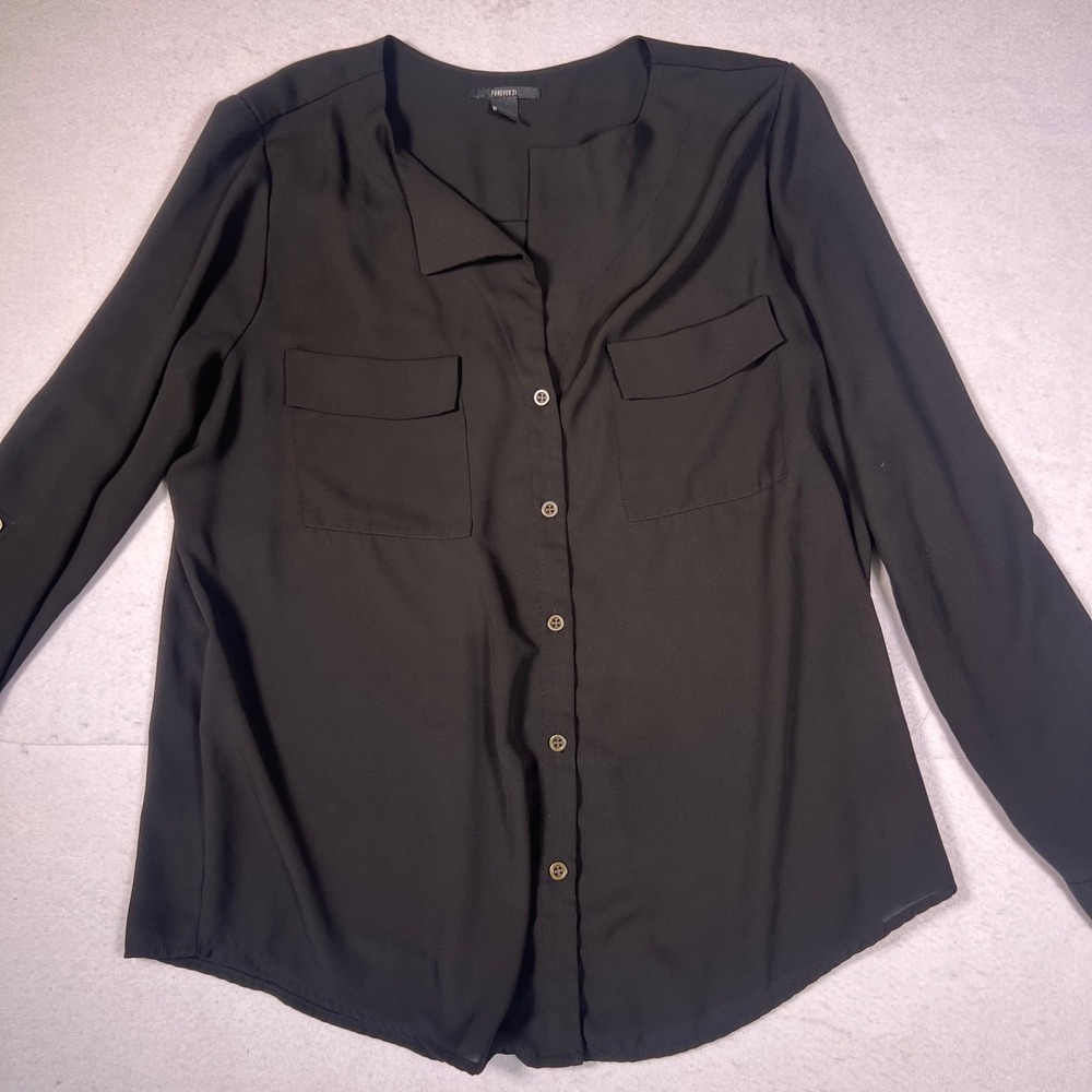 Forever 21 Button Down Blouse Womens Large Black Excellent